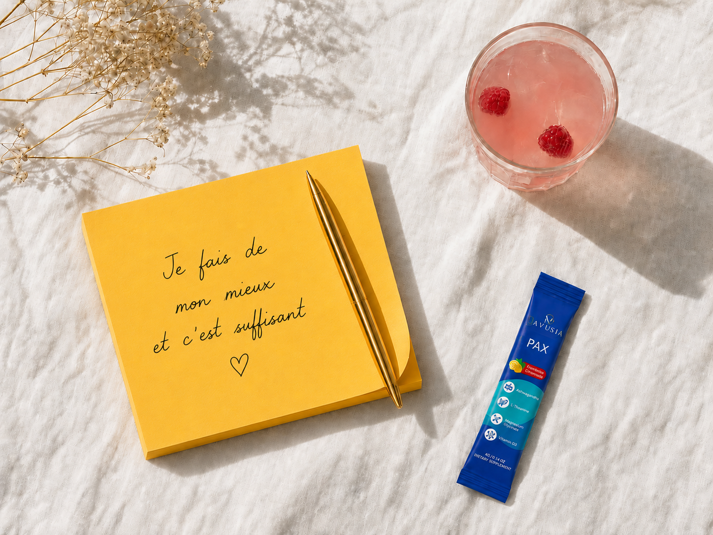 Carnet manuscrit « Aujourd'hui je prends soin de moi » avec stick Navusia Pax